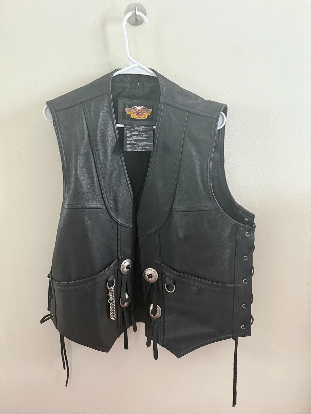 Harley Davidson Black Genuine Leather Lace-Up Biker Vest